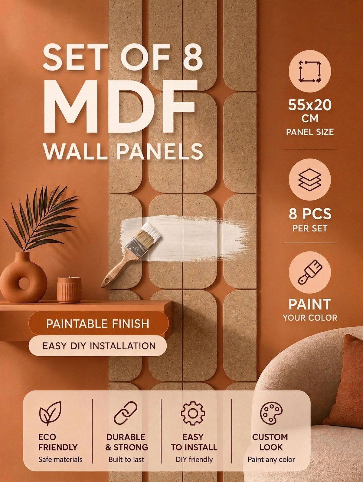 Modern 3D Wooden Wall Panels (Set of 8 Panels)